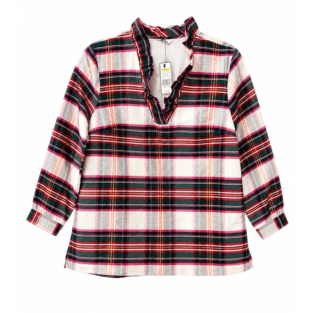 Crown & Ivy Plaid Christmas Holiday Blouse L NWT Ruffle Neck Metallic Gold